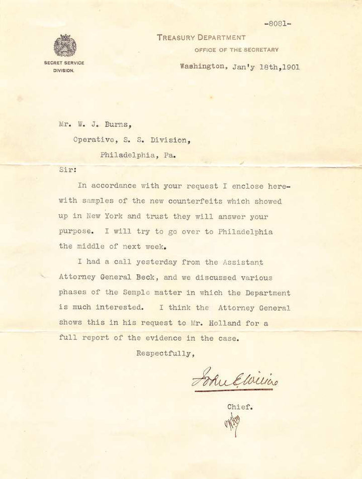 US Treasury Department Secret Service Signed Semple Counterfeiting Letter 1901