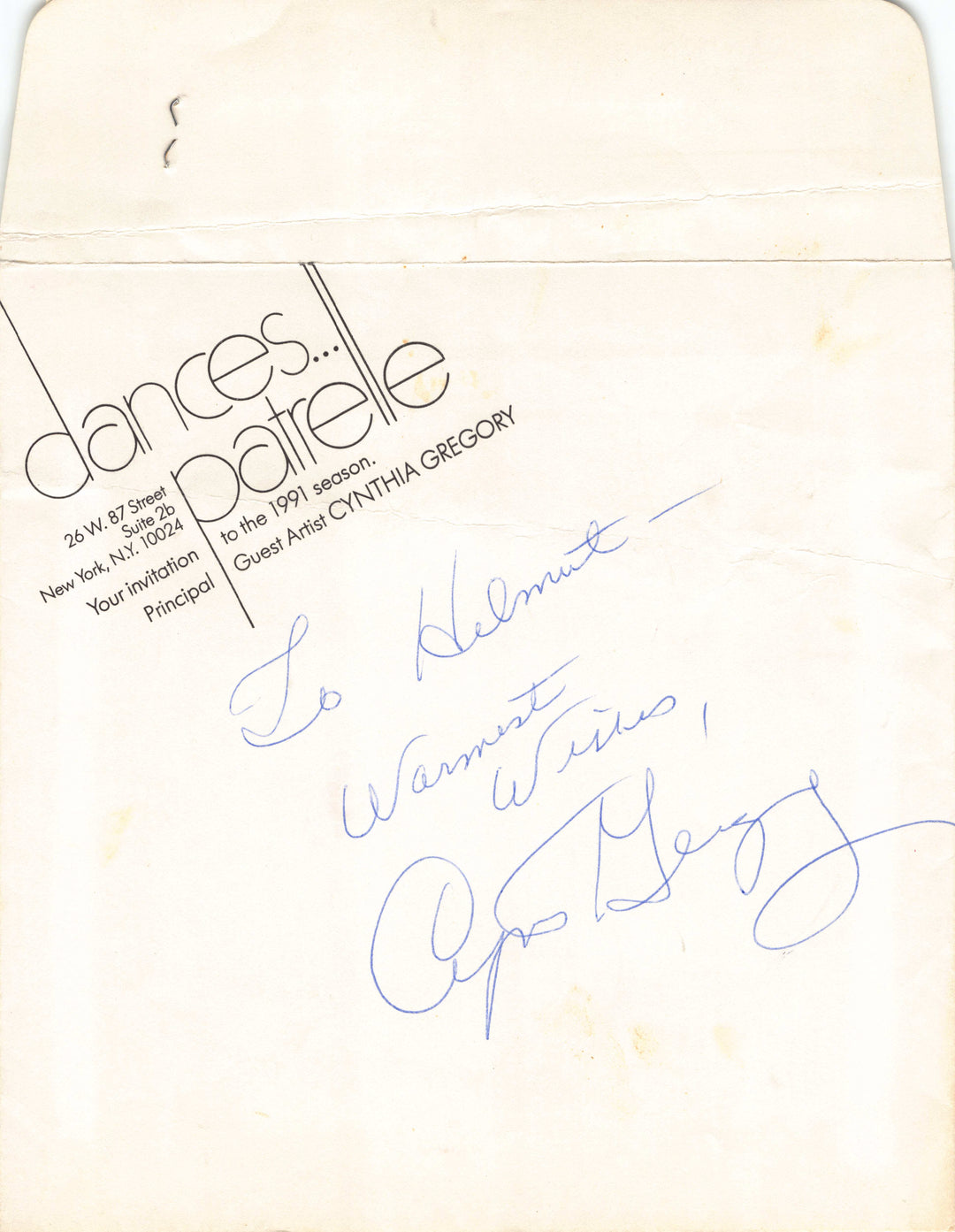 Cynthia Gregory American Prima Ballerina Autograph Signed Promo Cover