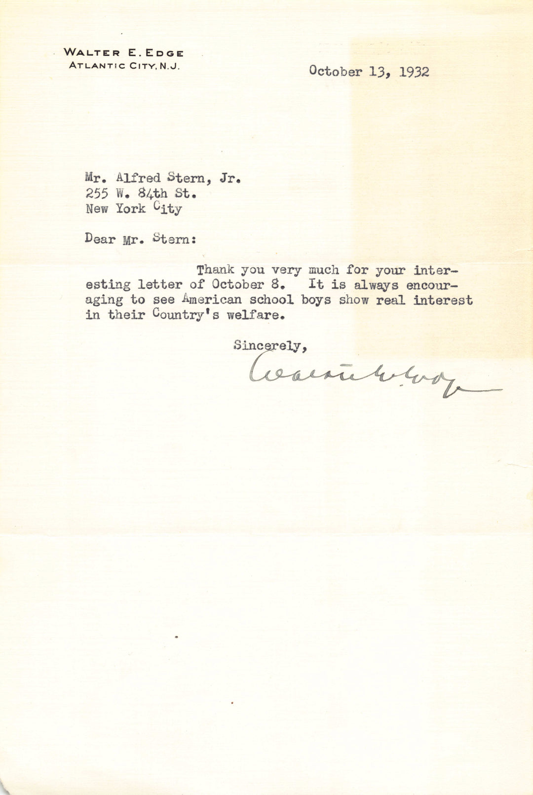 Walter Evans Edge New Jersey Governor Senator Autograph Signed Cold War Related Letter