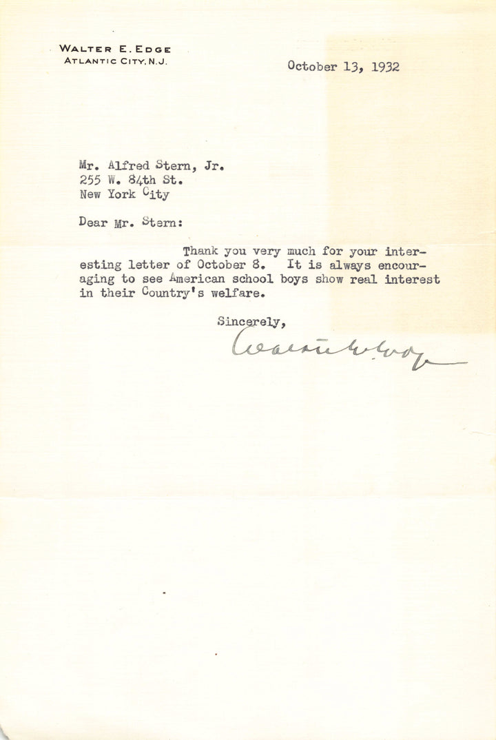 Walter Evans Edge New Jersey Governor Senator Autograph Signed Cold War Related Letter