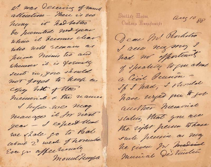 Shelley House Chelsea Embankment London Antique Theatre Letter 1888