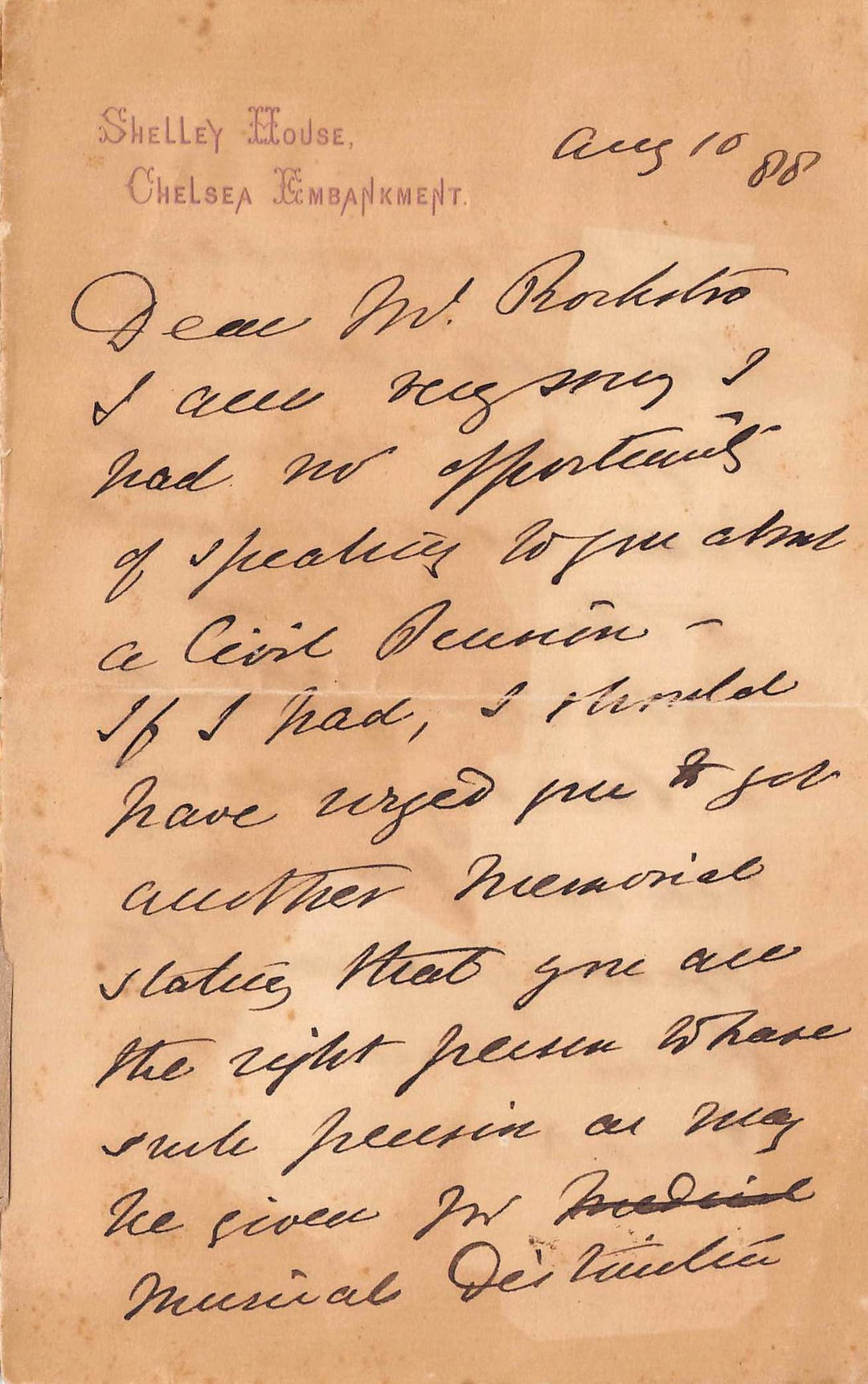 Shelley House Chelsea Embankment London Antique Theatre Letter 1888
