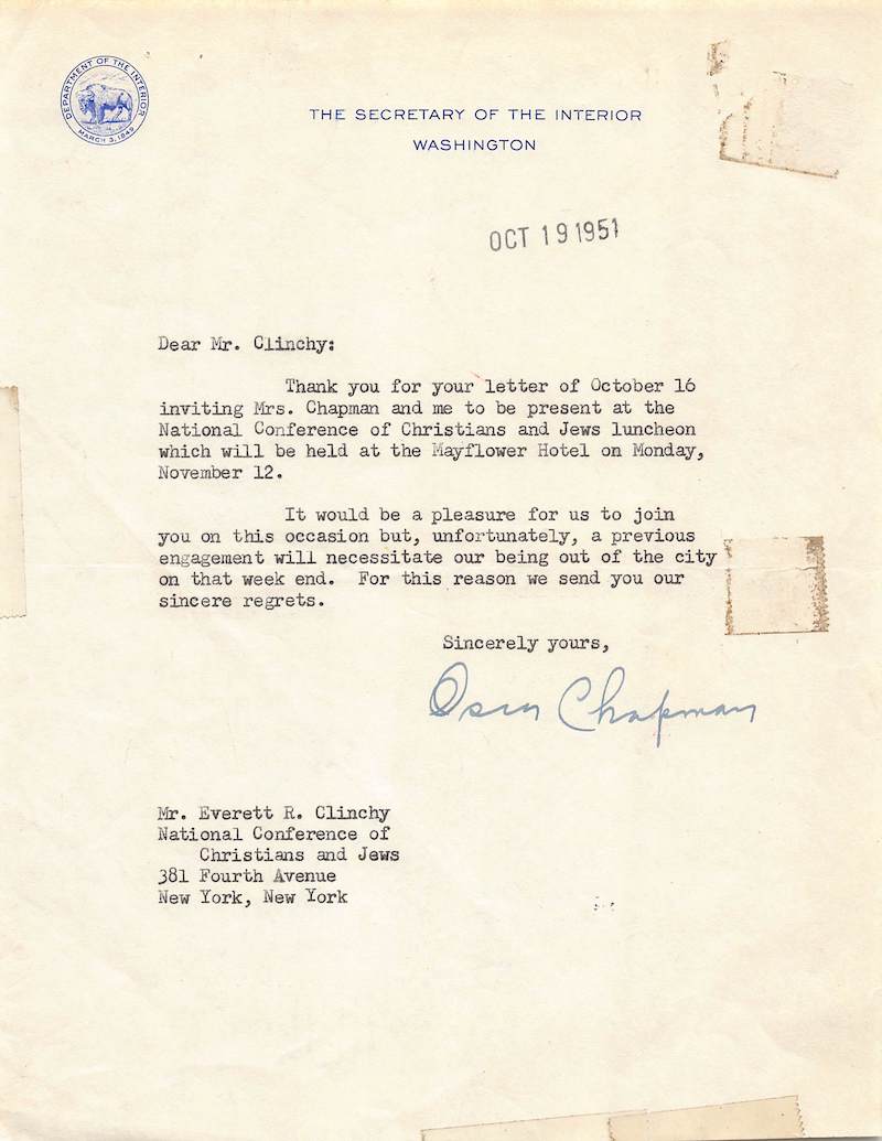 Oscar Chapman US Secretary of Interior Autograph Signed Letter 1951