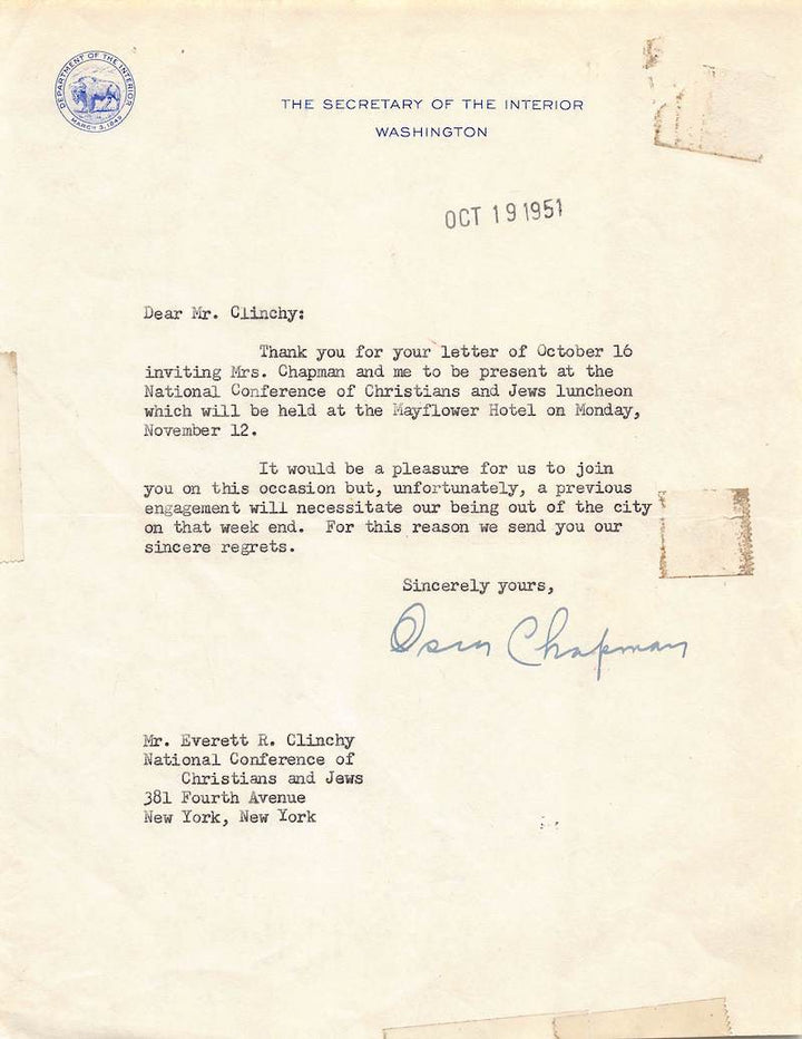 Oscar Chapman US Secretary of Interior Autograph Signed Letter 1951