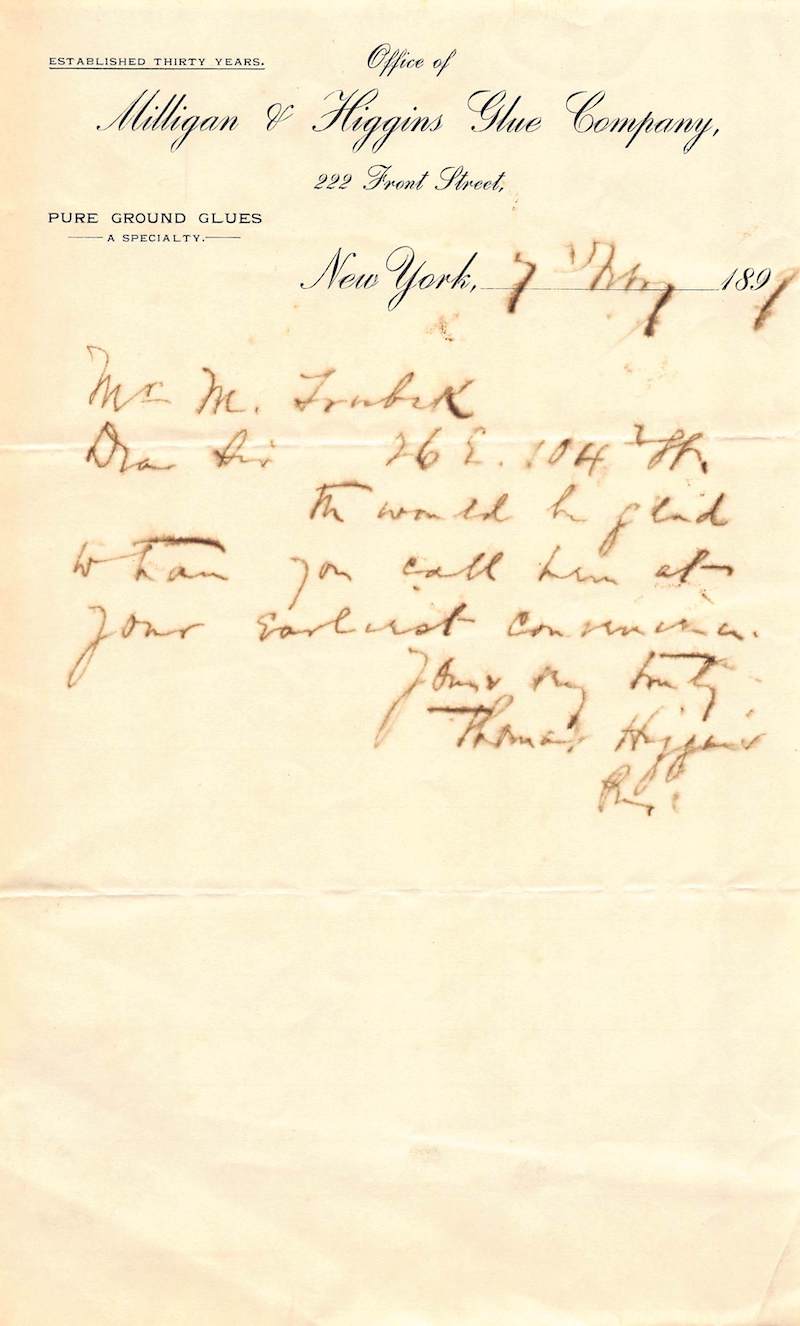 Thomas Higgins Glue Company NY Autograph Signed Advertising Letterhead 1899