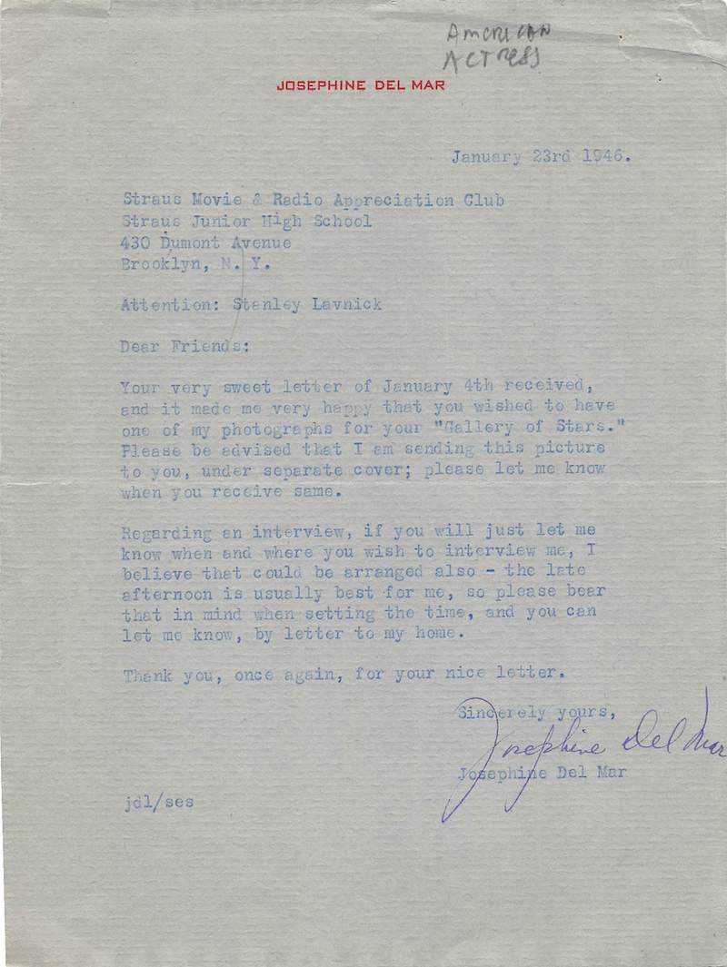 Josephine Del Mar Broadway Theatre Actress Autograph Signed Letter 1946