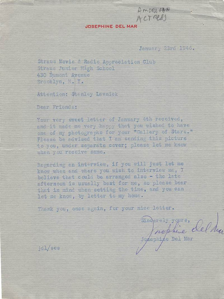 Josephine Del Mar Broadway Theatre Actress Autograph Signed Letter 1946