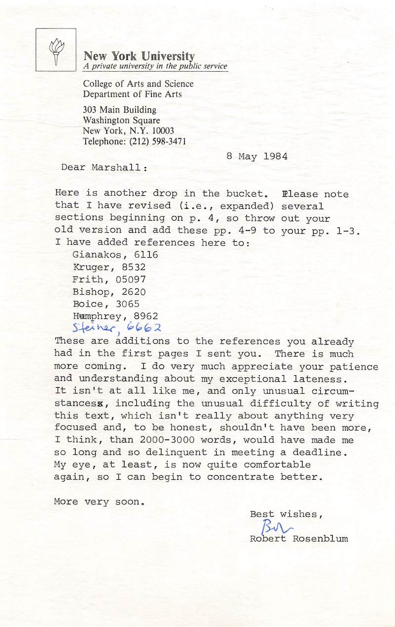 Robert Rosenblum New York Art Historian Autograph Signed Editing Letter 1984