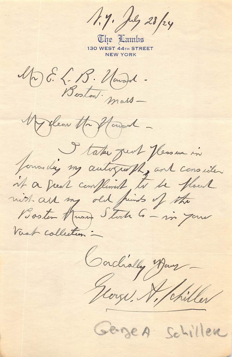 George Schiller Boston & Broadway Stage Actor Autograph Signed Letter 1924