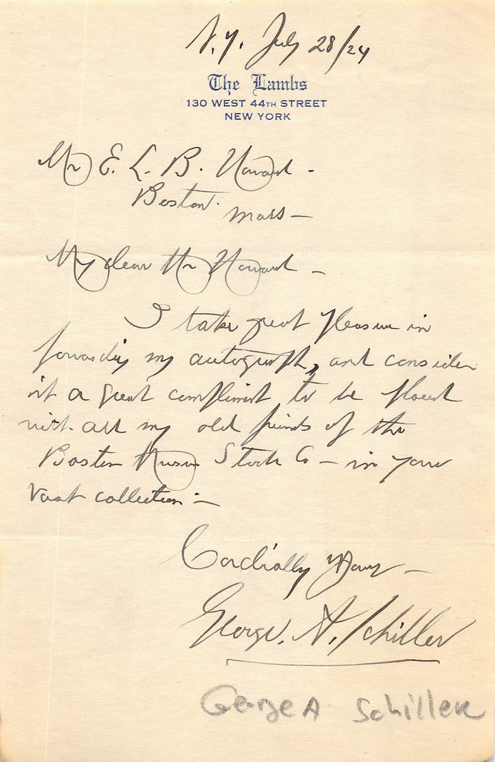 George Schiller Boston & Broadway Stage Actor Autograph Signed Letter 1924