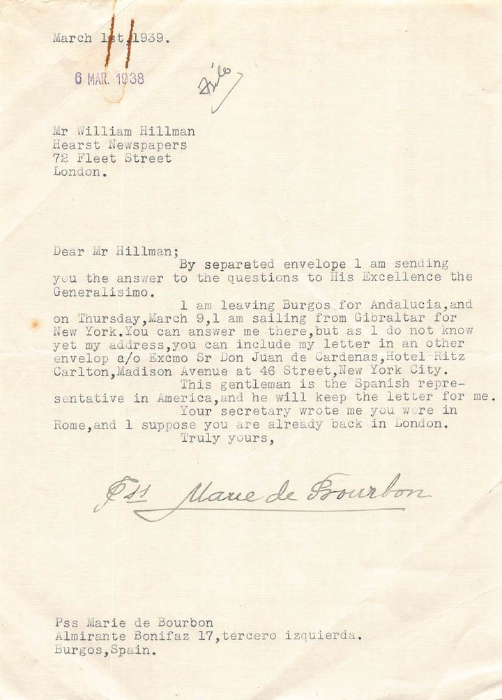Marie de Bourbon Duchess of Montpensier Autograph Signed Travel Letter 1938
