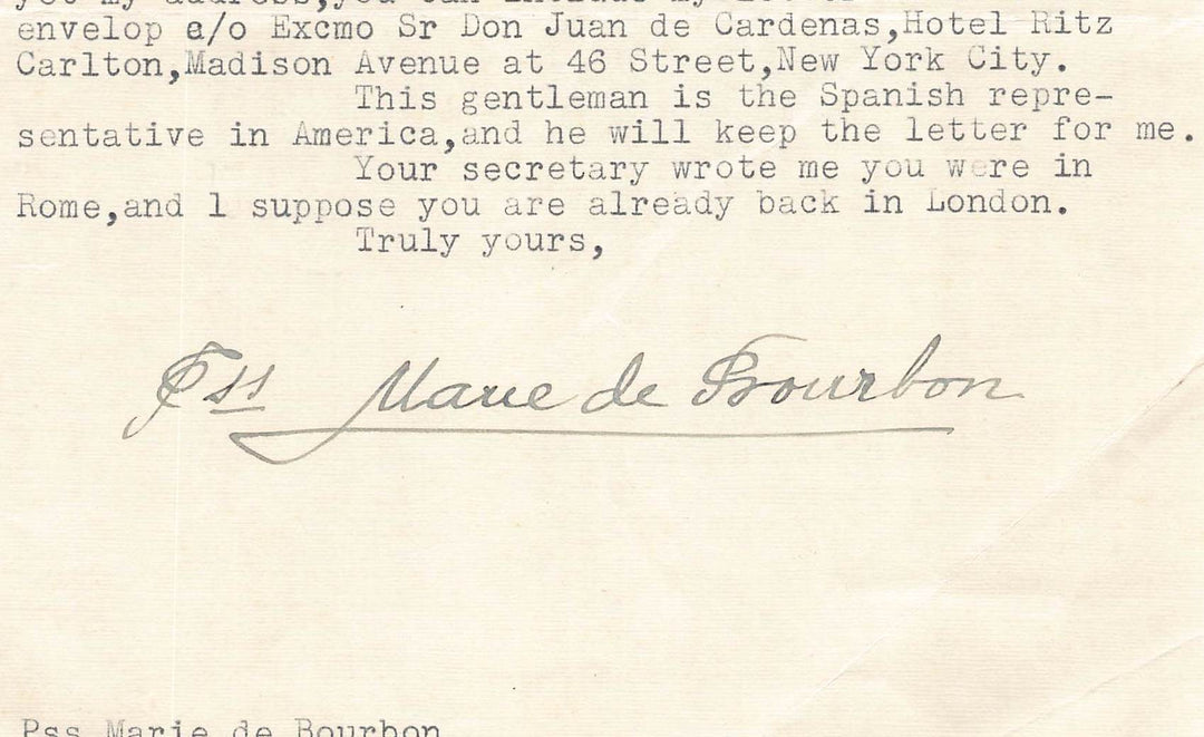 Marie de Bourbon Duchess of Montpensier Autograph Signed Travel Letter 1938