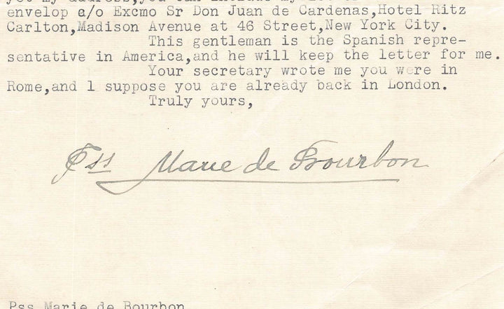 Marie de Bourbon Duchess of Montpensier Autograph Signed Travel Letter 1938