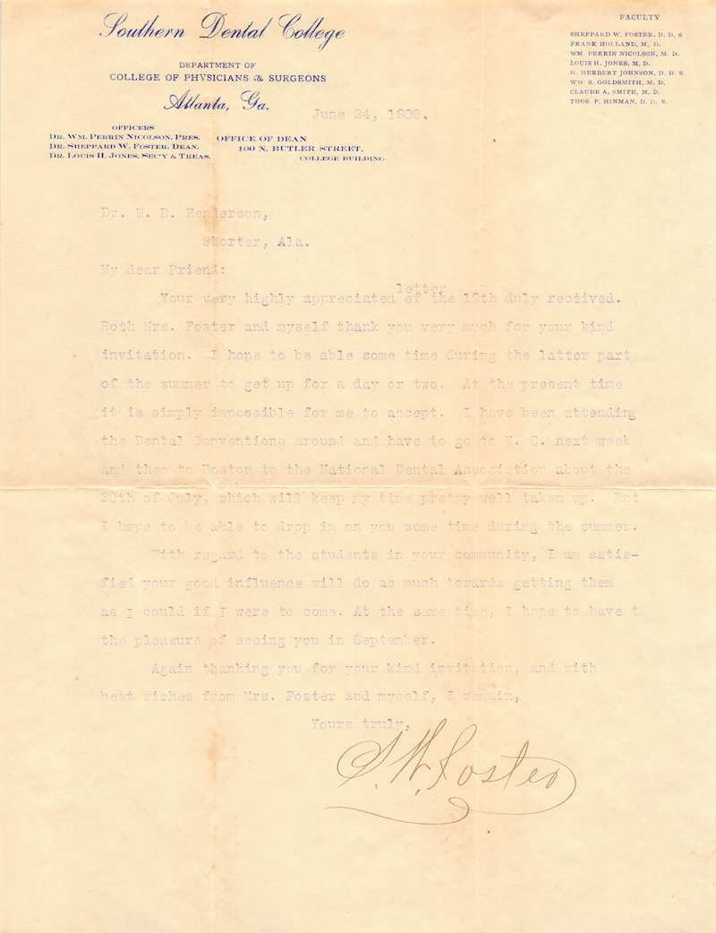 Georgia's 1st Southern Dental College Antique Signed Letter 1908