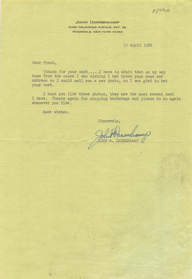 John Darrenkamp Baritone Othello Opera Singer Autograph Signed Letter 1982