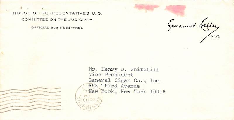 Emanuel Celler House Judiciary Committee Autograph Signed Mail Cover 1972