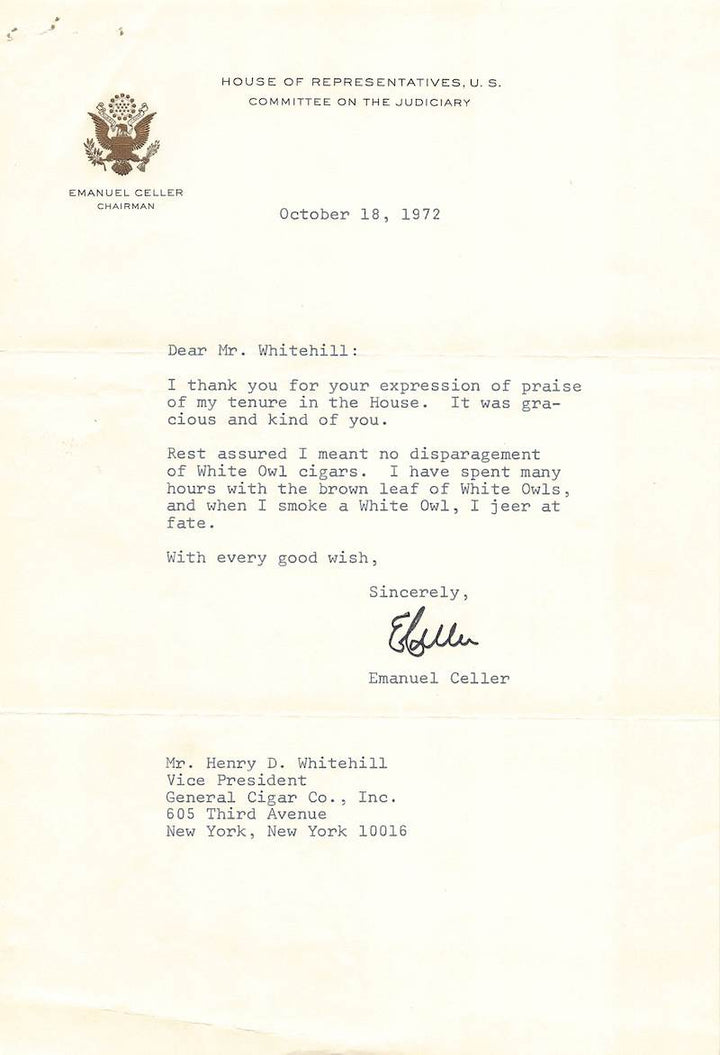 Emanuel Celler House Judiciary Committee Autograph Signed Smoking Letter 1972