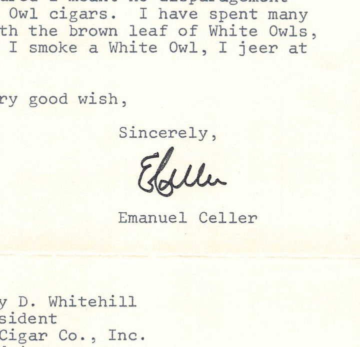 Emanuel Celler House Judiciary Committee Autograph Signed Smoking Letter 1972