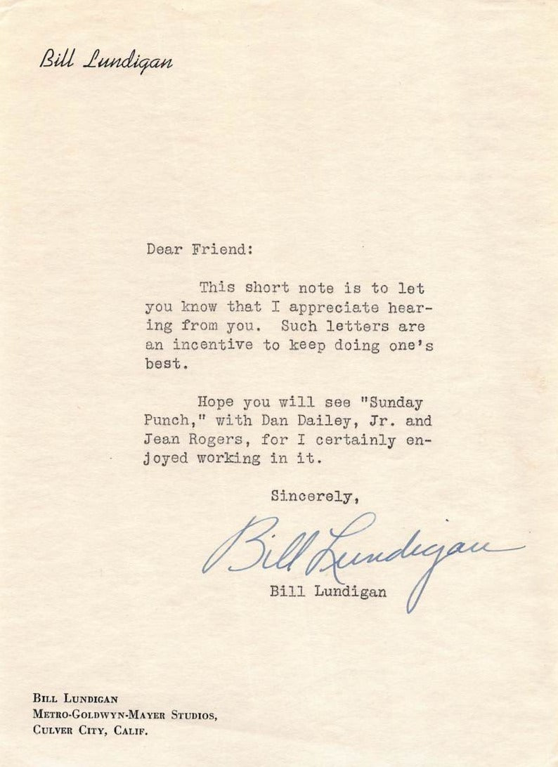 Bill Lundigan Love Nest Movie Actor Vintage Autograph Signed Letter