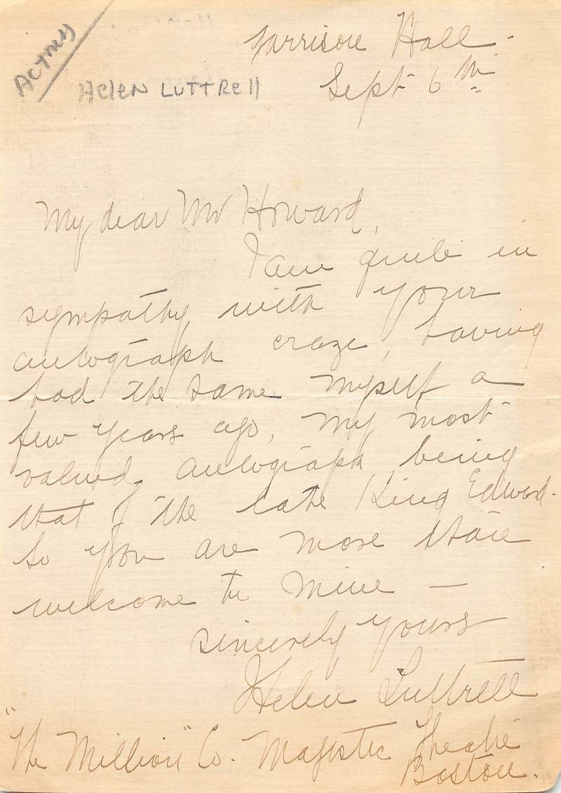 Helen Luttrell Early Broadway Stage Actress Autograph Signed Letter
