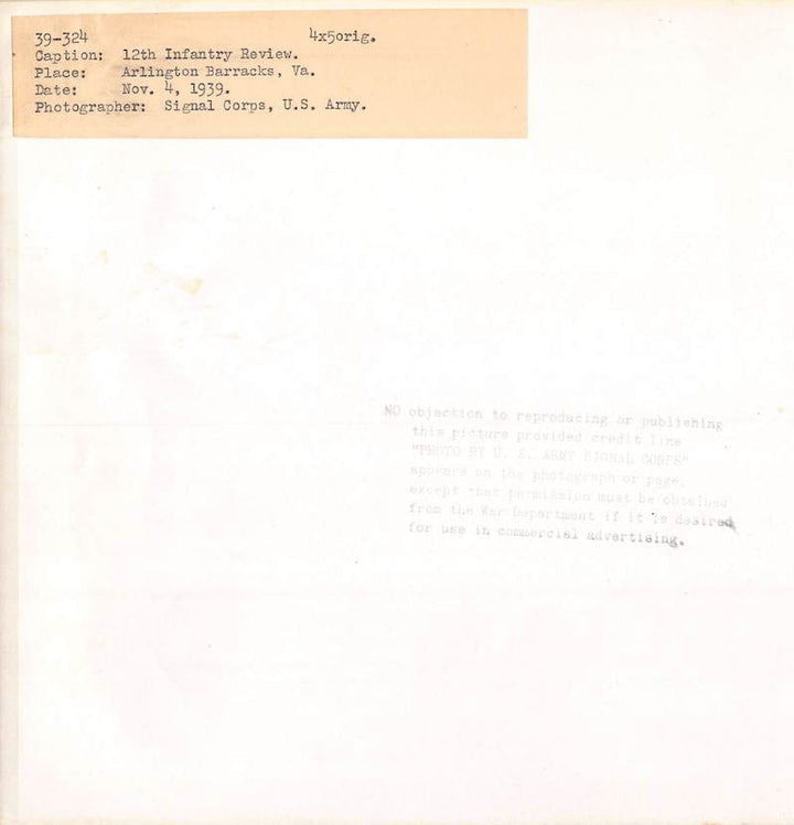 US Army 12th Infantry Arlington Virginia Signal Corps Military File Photo 1939