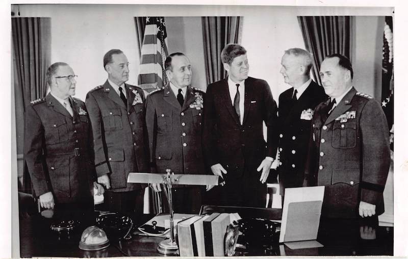 President John F Kennedy JFK Joint Chiefs Meeting Vintage Political Press Photo 1961