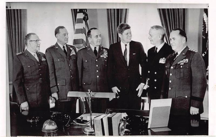President John F Kennedy JFK Joint Chiefs Meeting Vintage Political Press Photo 1961