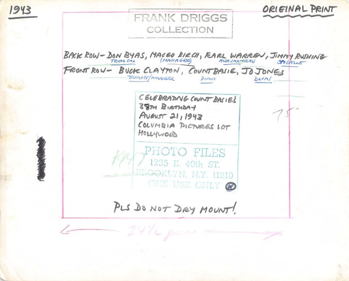 Count Basie 38th Birthday Party Vintage Frank Driggs Collection Promo Photo 1943