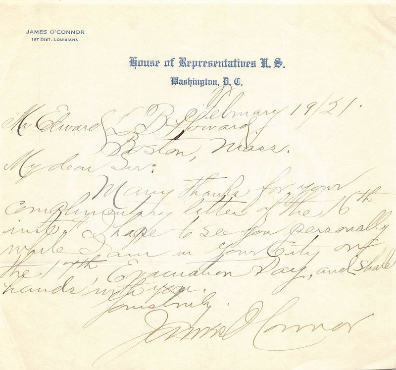 James O’Conner Louisiana Congress Antique Autograph Signed Political Letter 1921