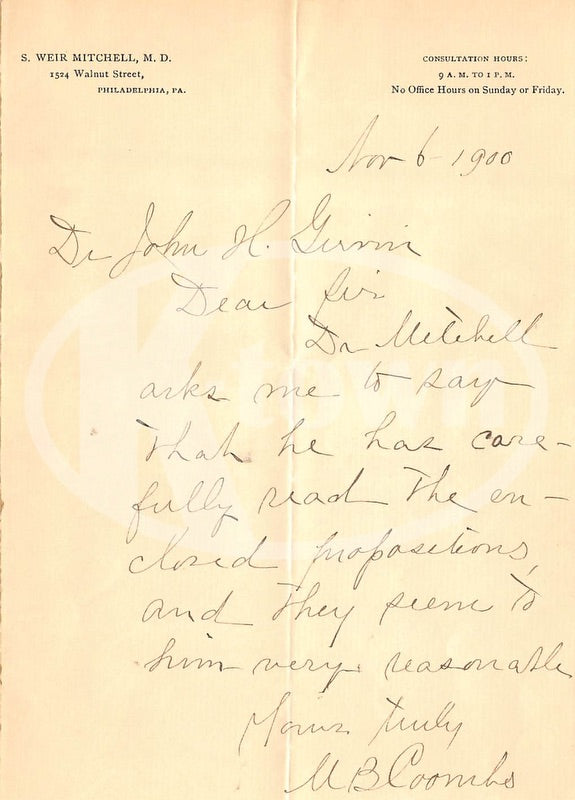 M. B. Combs Doctor Silas Weir Mitchell letterhead Antique Autograph Signed Letter 1900