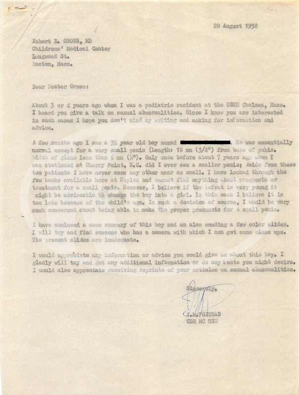 Dr. Robert Gross Boston Pediatric Surgeon USN Sex Change Letter 1958