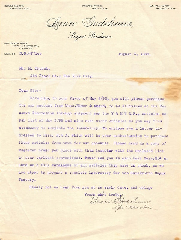 Leon Godchaux Louisiana Sugar Plantation Antique Autograph Signed Letter 1898