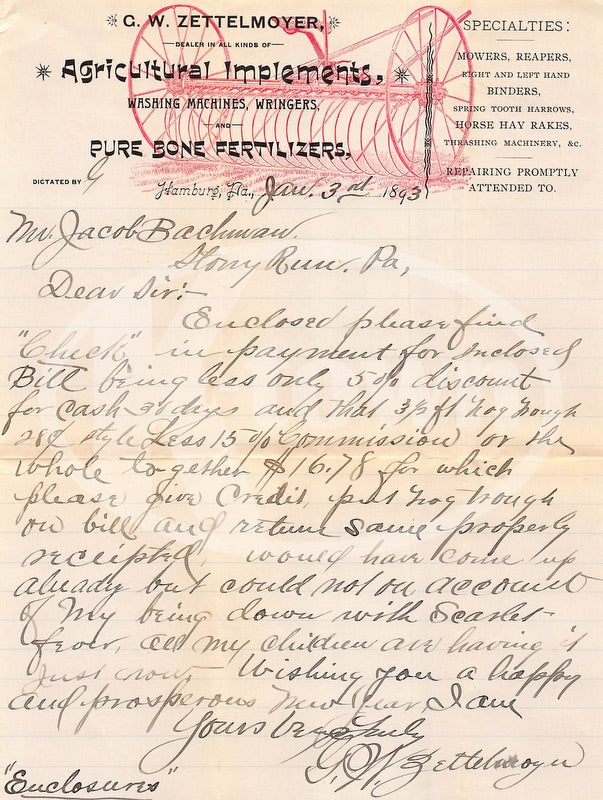 Zettlemoyer Farm Equipment Hamburg PA Antique Signed Advertising Letter 1893