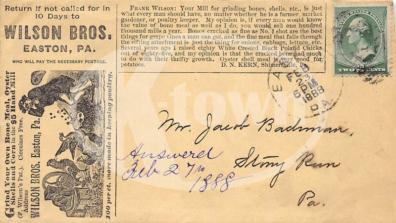 Wilson Brothers Bone Mill Grinders Easton PA Antique Advertising Mail Cover 1888