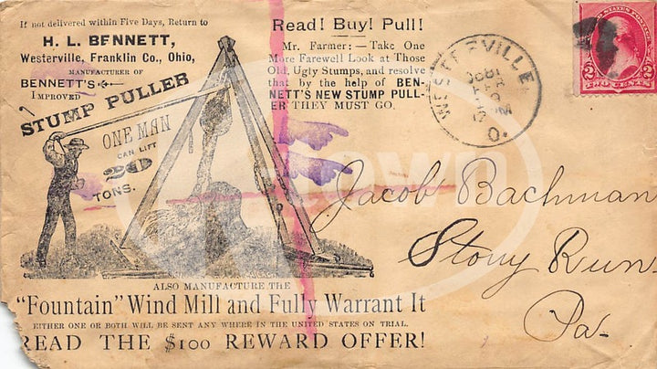 Bennett Stump Puller Westerville Ohio Farm Invention Antique Postal Cover 1888