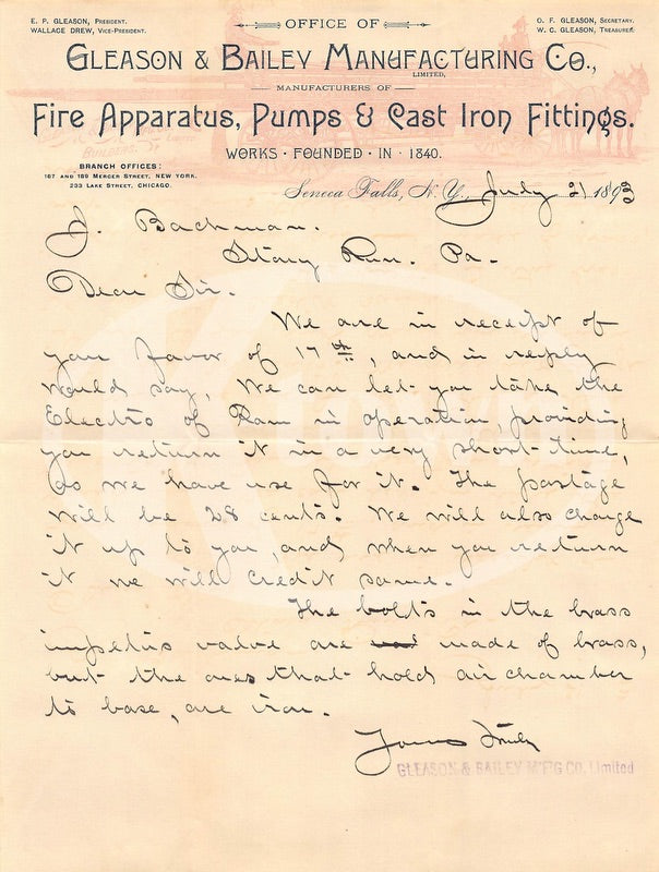 Gleason Bailey Fire Pumps Seneca Falls NY Antique Advertising Letter 1893