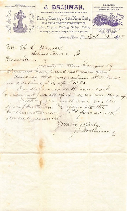 Jacob Bachman Creamery Farm Tools Stoney Run PA Antique Advertising Letter 1898