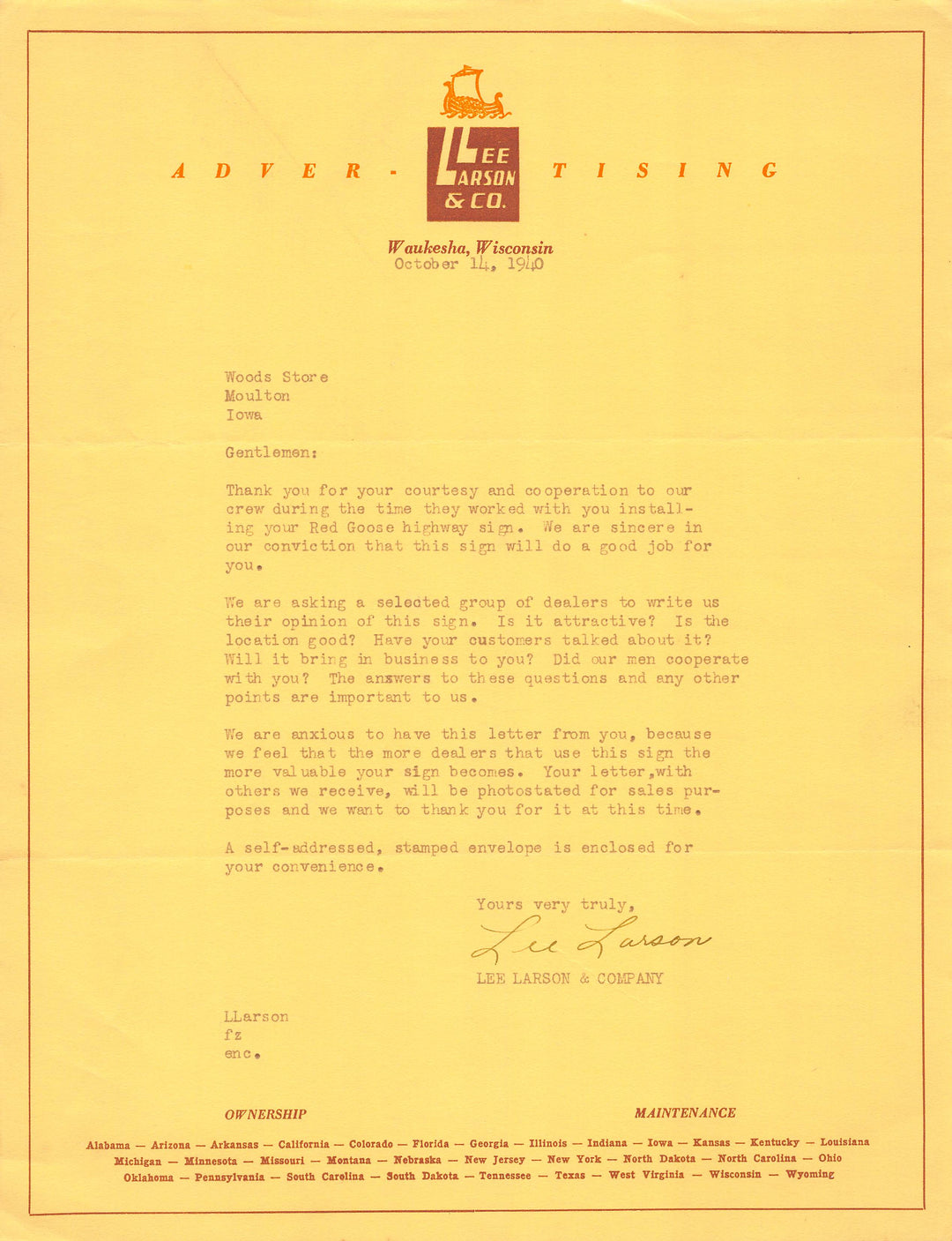 Lee Larson Advertising Agency Waukesha Wisconsin Signed Letterhead 1940