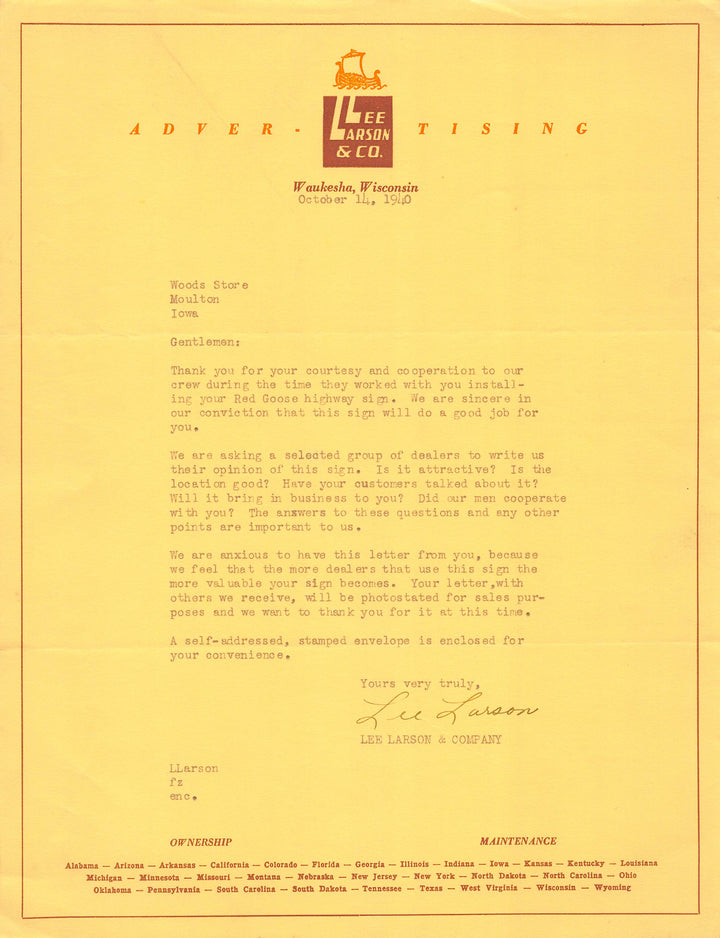 Lee Larson Advertising Agency Waukesha Wisconsin Signed Letterhead 1940