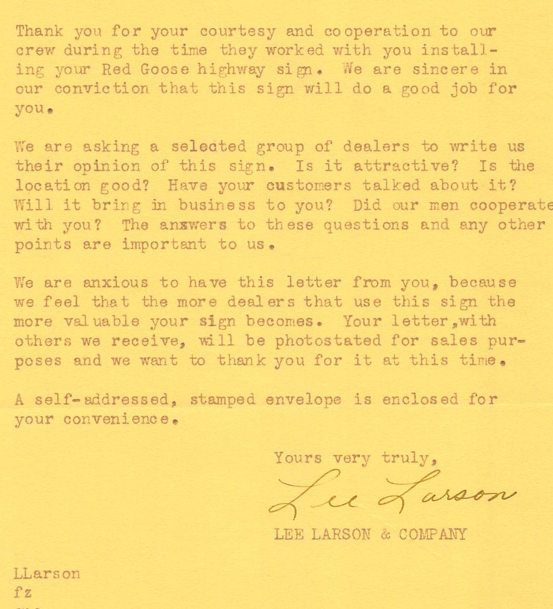 Lee Larson Advertising Agency Waukesha Wisconsin Signed Letterhead 1940