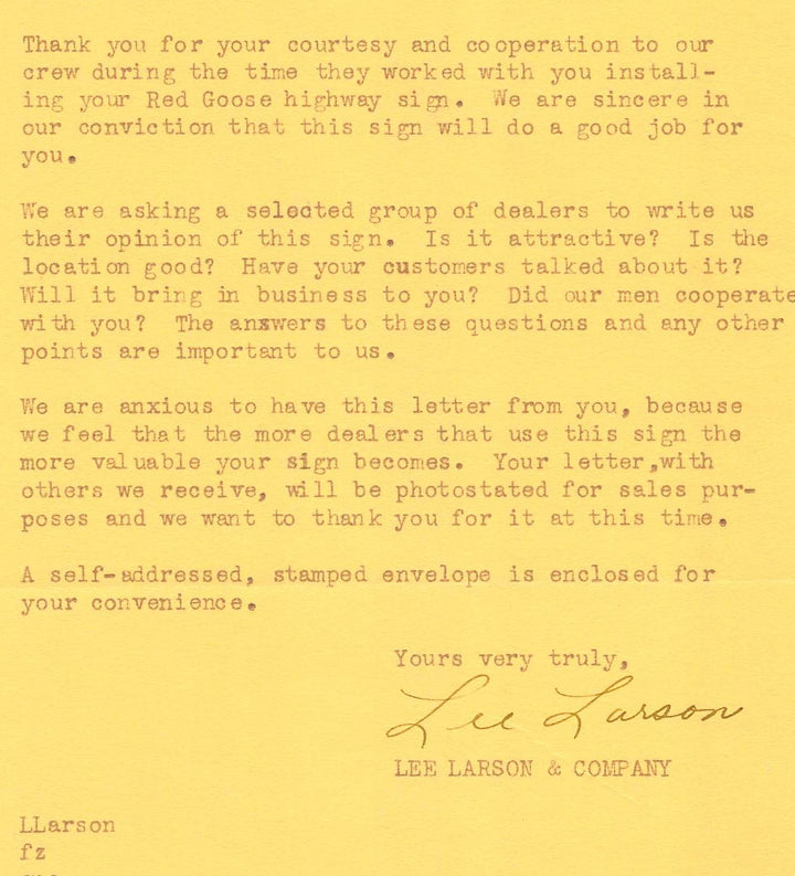 Lee Larson Advertising Agency Waukesha Wisconsin Signed Letterhead 1940