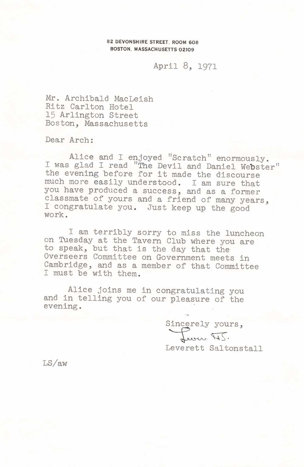 Leverett Saltonstall Governor of Massachusetts Autograph Signed Letter 1971