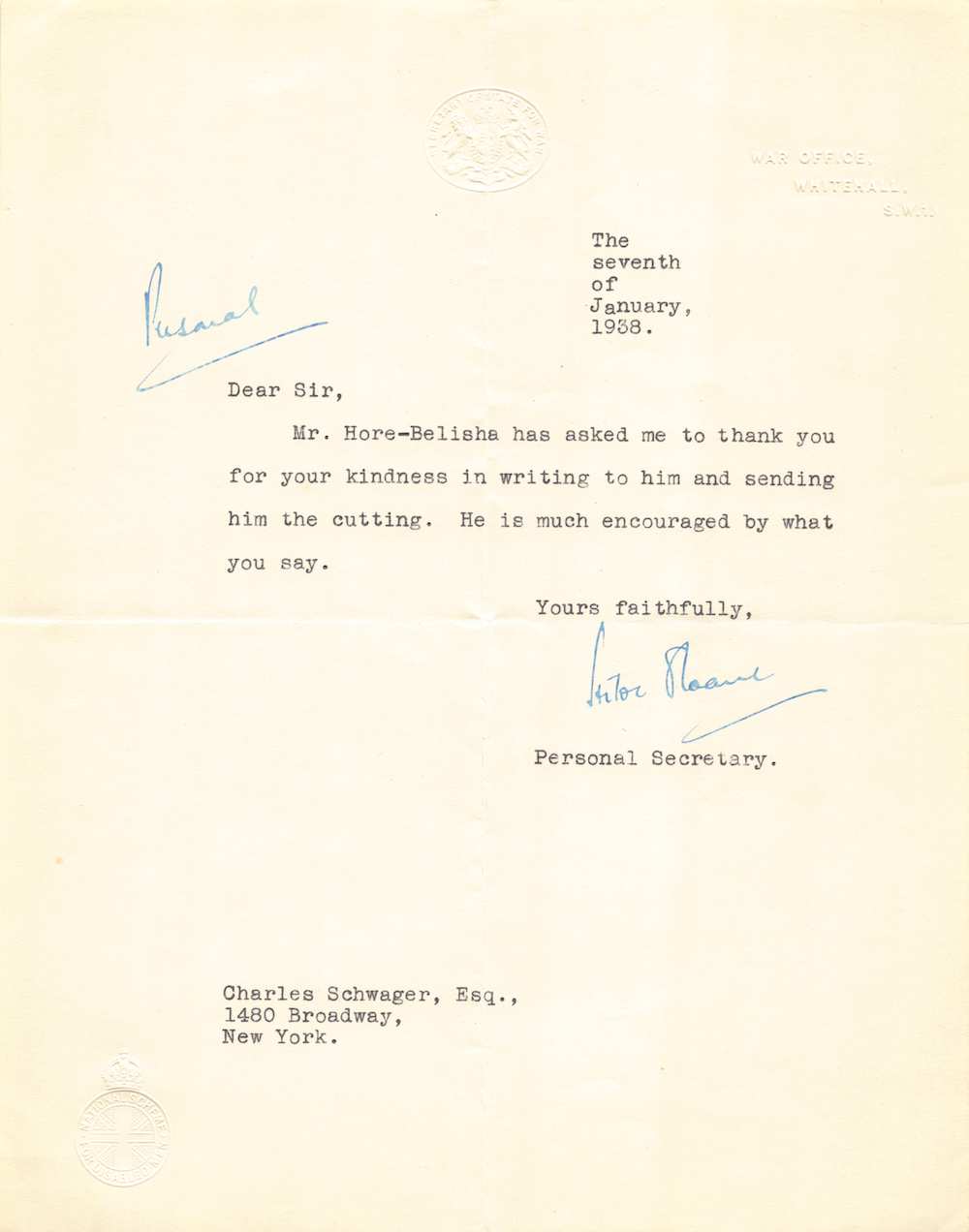 Leslie Hore-Belisha WWII Sec of State of War Secretarial Signed Letter 1938