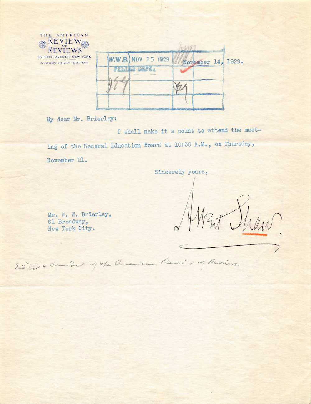Albert Shaw Review of Reviews Journalist Autograph Signed Education Letter 1929