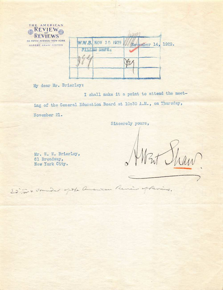 Albert Shaw Review of Reviews Journalist Autograph Signed Education Letter 1929