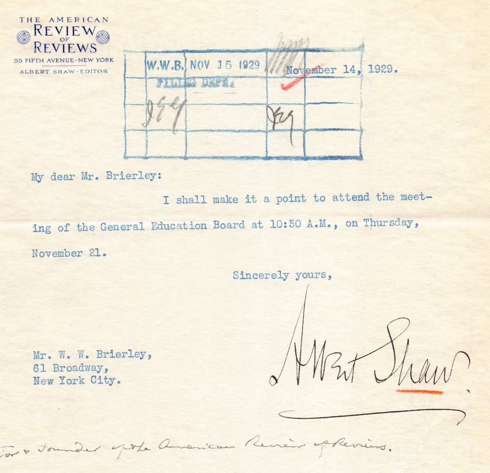 Albert Shaw Review of Reviews Journalist Autograph Signed Education Letter 1929