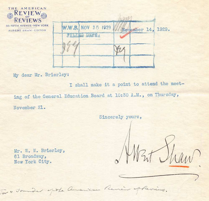 Albert Shaw Review of Reviews Journalist Autograph Signed Education Letter 1929