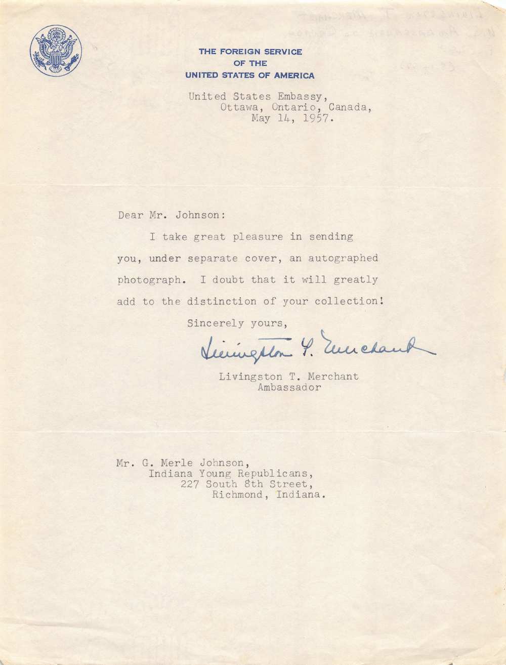 Livingston Merchant US Ambassador Autograph Signed Embassy Letter 1957