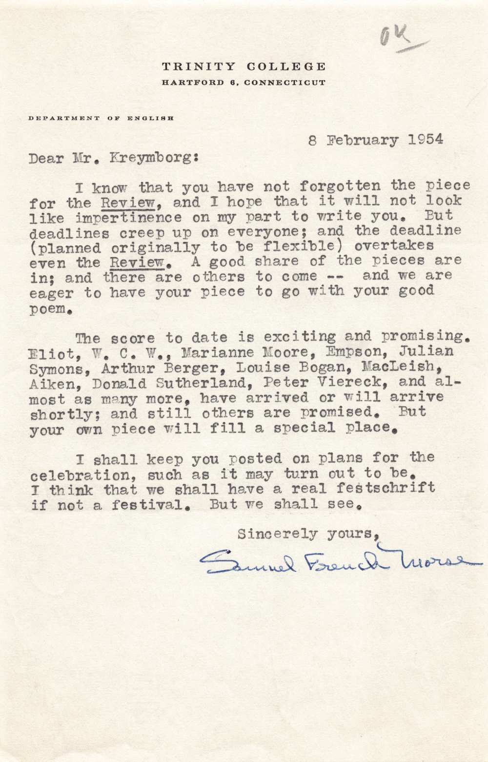 Samuel French Morse Trinity College Poet Autograph Signed Letter 1954