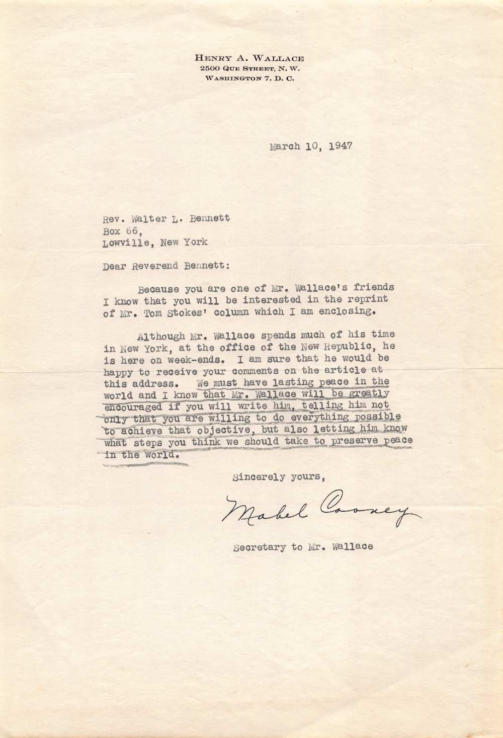 Vice President Henry Wallace World Peace Equality Letter to Rev. Bennett 1947